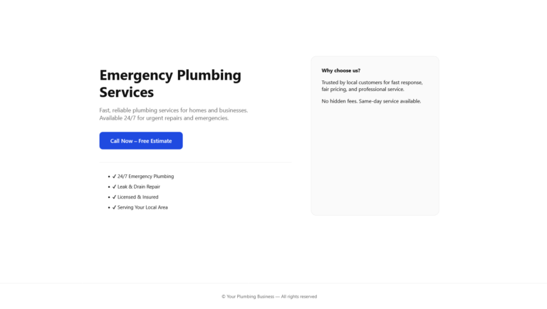 Live preview of the emergency plumber landing page template