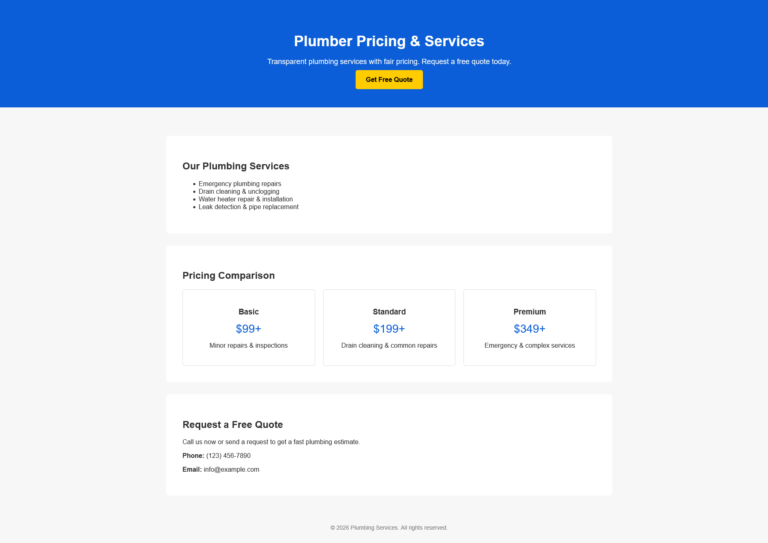 Plumber Pricing & Services Comparison Landing Page